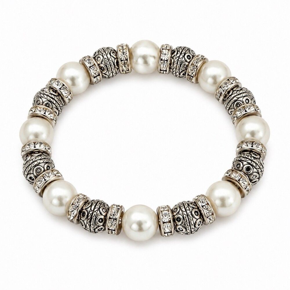 Vintage Faux Pearl Rhinestone Stretch Bracelet Silver Bali Bead Boho Chic